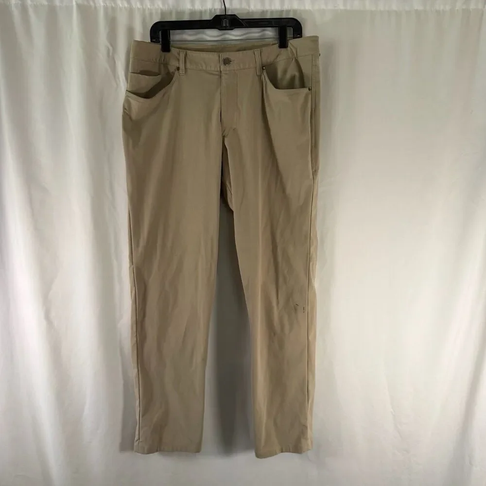 Lululemon ABC Pants Men's 36 Khaki Brown Chino Flat Front Tech Fit Button Zip